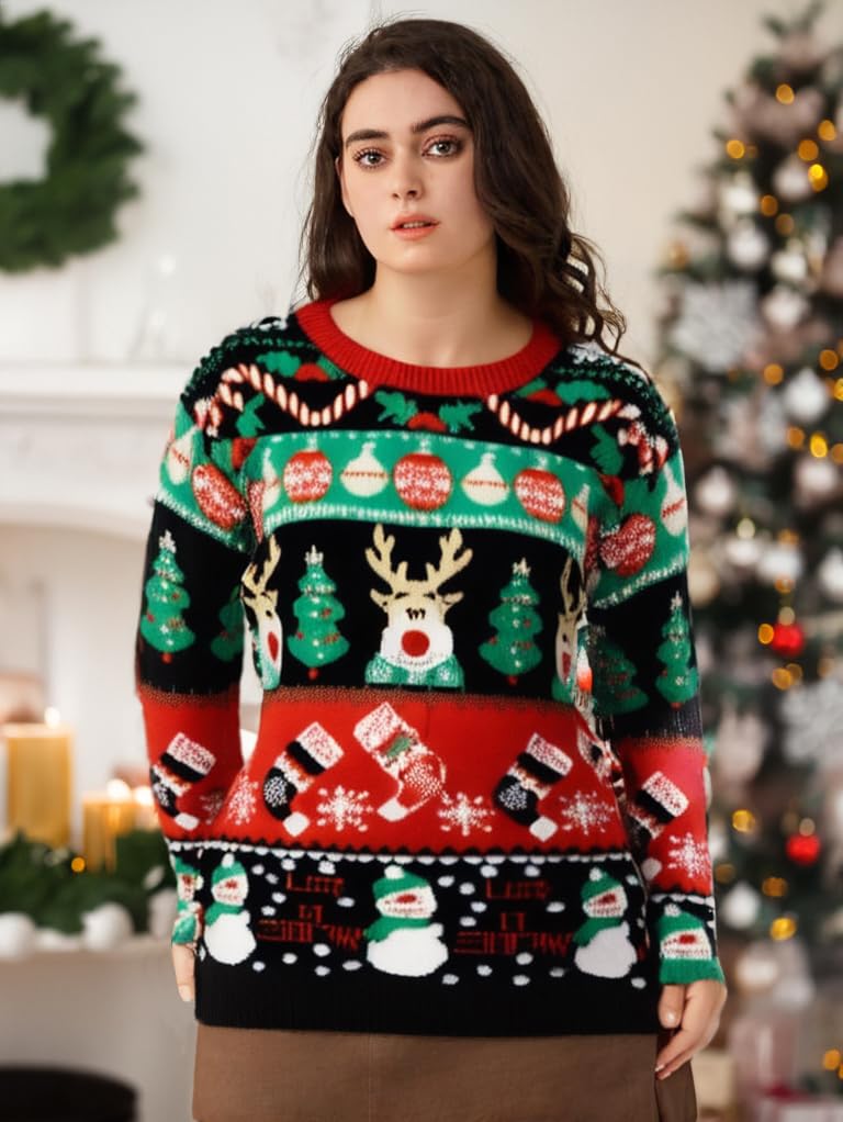 v28 Women Ugly Christmas Sweater Vintage Pullover Oversized Crew Neck Long Sleeve Knit Sweaters (Beauty Snowman Black,L) - Image 5
